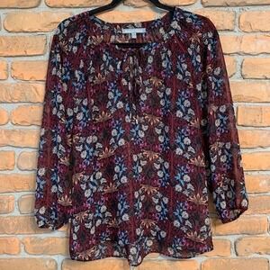 Daniel Rainn Anthropologie Floral‎ Print Boho Sheer Long Sleeve Blouse Black - M
